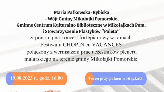 Gmina Mikołajki Pomorskie. Koncert fortepianowy oraz wernisaż prac uczestników pleneru malarskiego.