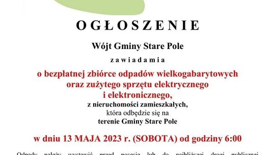 Gmina Stare Pole. Bezpłatna zbiórka odpadów wielkogabarytowych oraz zużytego sprzętu elektrycznego i elektronicznego.