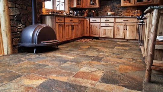 Jakie płytki na podłogę do kuchni z ciemnego drewna?