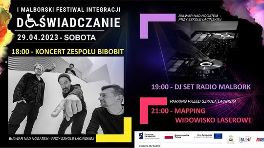 Koncert zespołu Bibobit, Dj Set Radia Malbork i widowisko laserowe w ramach I Malborskiego Festiwalu Integracji Doświadczanie.