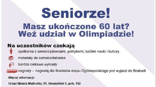 Malbork. IV Ogólnopolska Olimpiada Wiedzy Obywatelskiej „Senior – Obywatel” 2022/2023 - trwa nabór zgłoszeń.