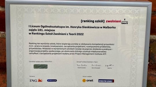 Malborska "Sienkiewiczówka" w Rankingu Szkół Zwolnieni z Teorii 2022.