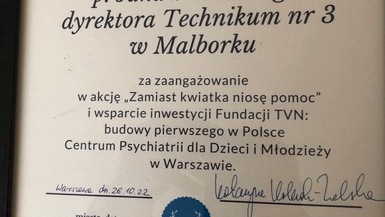 Podziękowania dla Technikum nr 3 w Malborku od Fundacji TVN