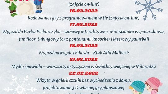 Warsztaty, wyjazdy i zajęcia online. Ferie z Gminnym Ośrodkiem Kultury i Sportu w Miłoradzu.