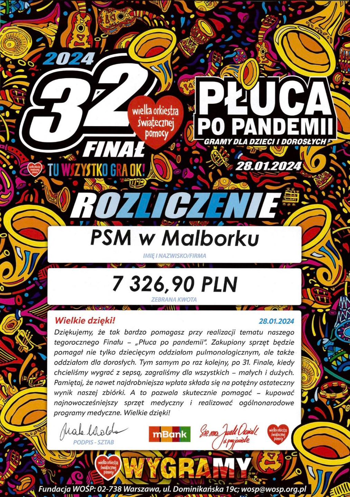 32. Finał WOŚP w Malborku. Państwowa Szkoła Muzyczna zebrała ponad 7 tys. zł podczas sobotniego koncertu.