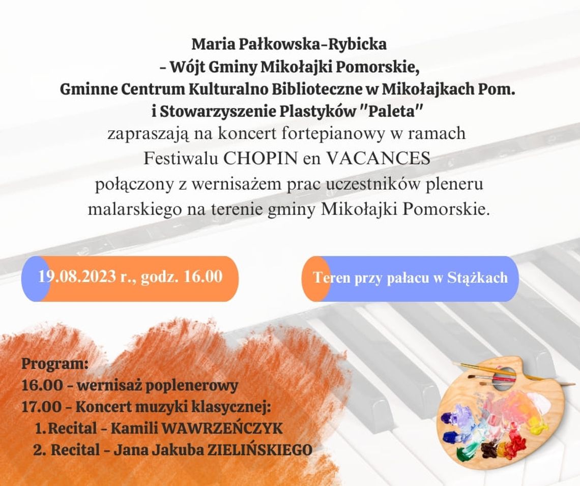 Gmina Mikołajki Pomorskie. Koncert fortepianowy oraz wernisaż prac uczestników pleneru malarskiego.