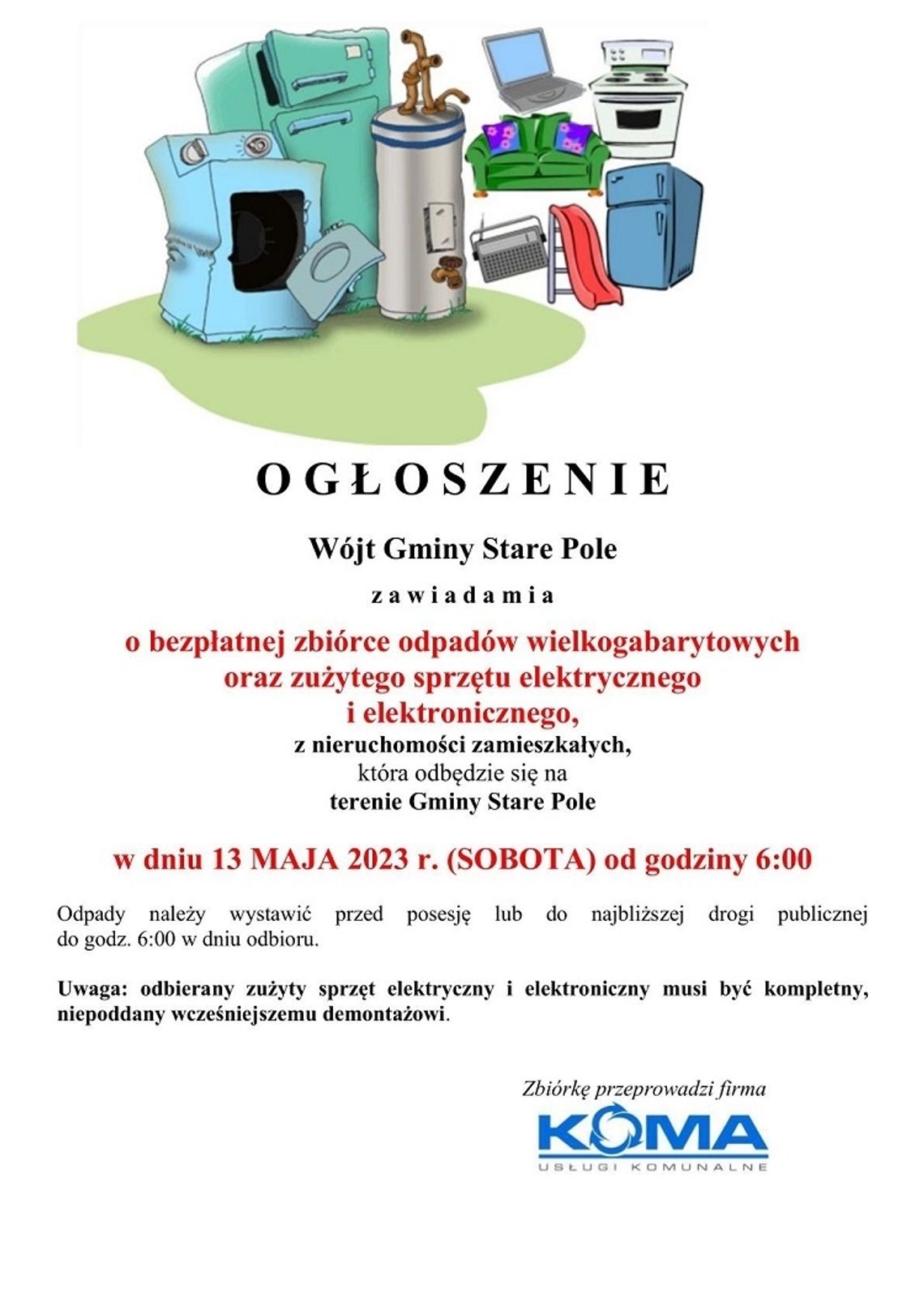 Gmina Stare Pole. Bezpłatna zbiórka odpadów wielkogabarytowych oraz zużytego sprzętu elektrycznego i elektronicznego.