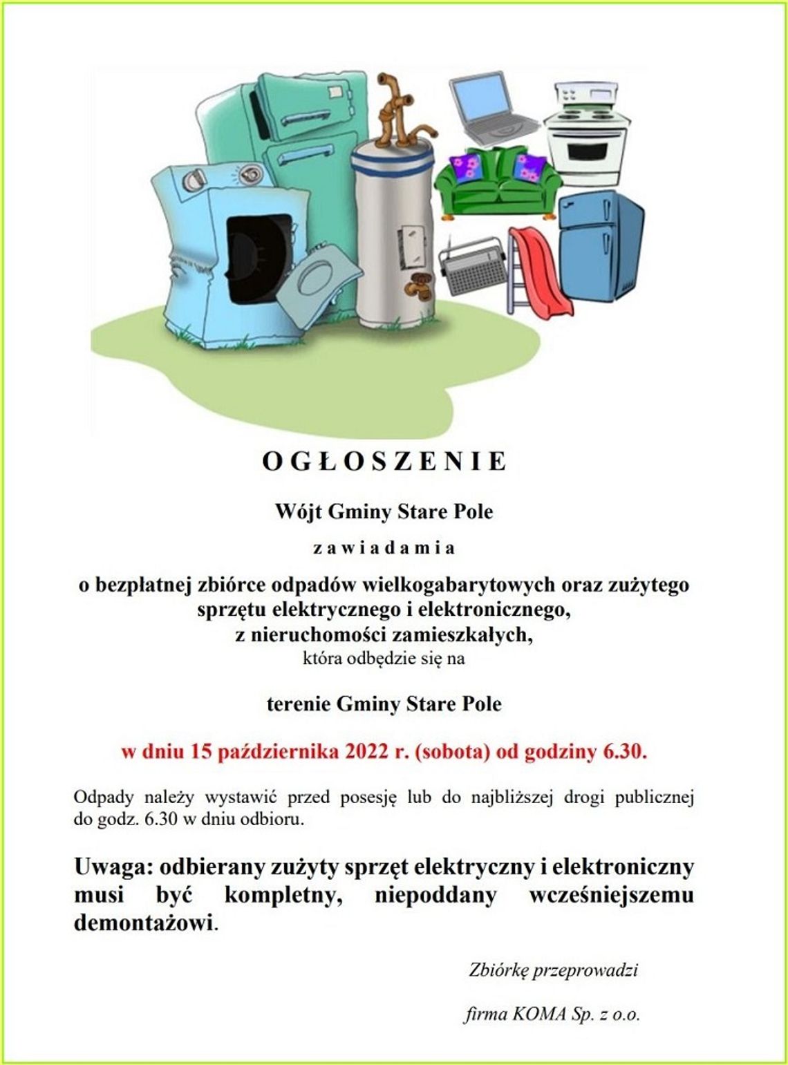 Gmina Stare Pole. Nieodpłatna zbiórka odpadów wielkogabarytowych oraz zużytego sprzętu elektrycznego i elektronicznego.