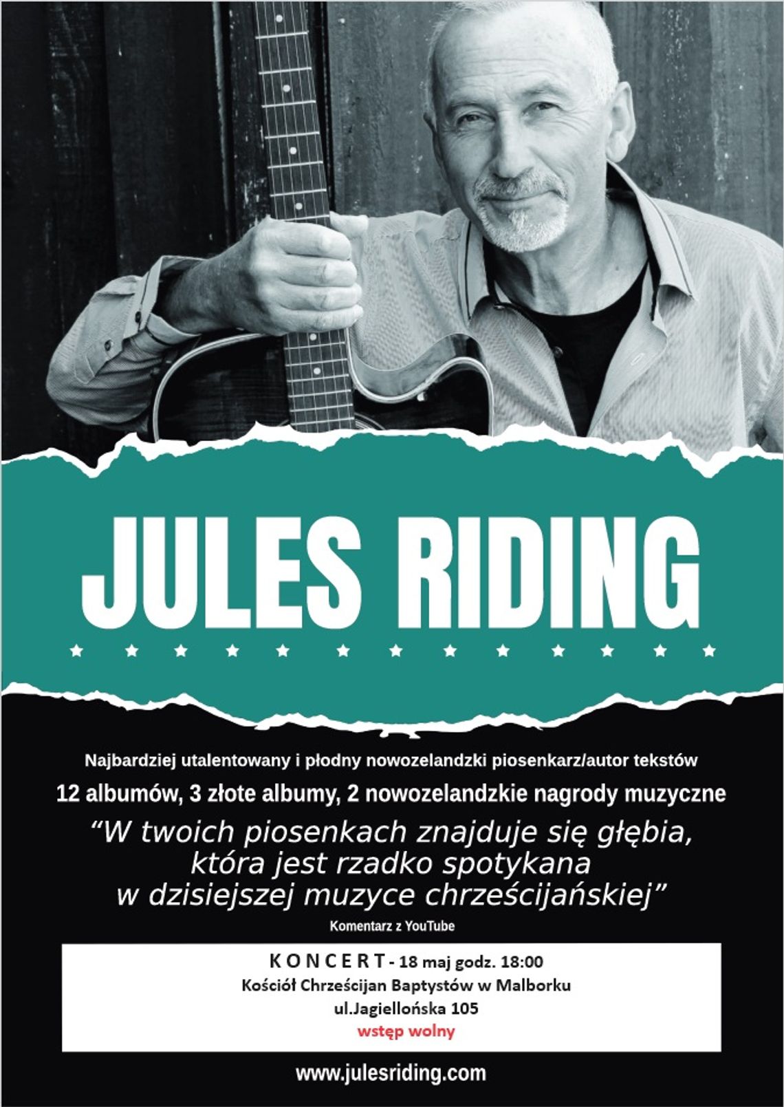 Jules Riding, piosenkarz gospel z Nowej Zelandii ponownie w Malborku!