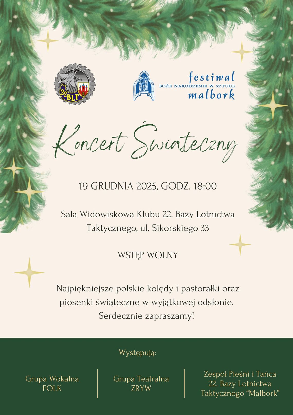 Koncert Świąteczny w Klubie 22. Bazy Lotnictwa Taktycznego w Malborku.