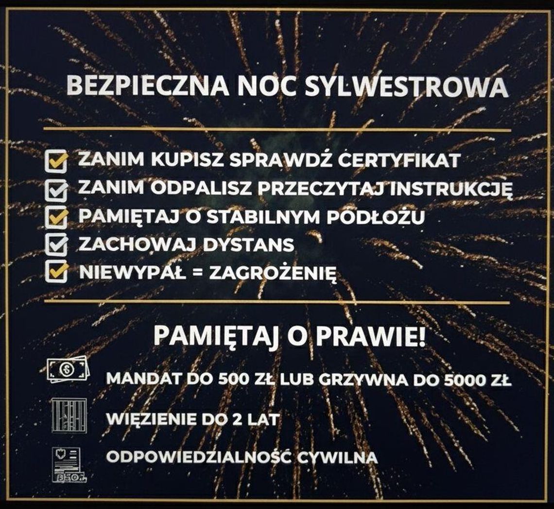 Malbork. Bezpieczny Sylwester - policja apeluje o zachowanie szczególnych zasad bezpieczeństwa.