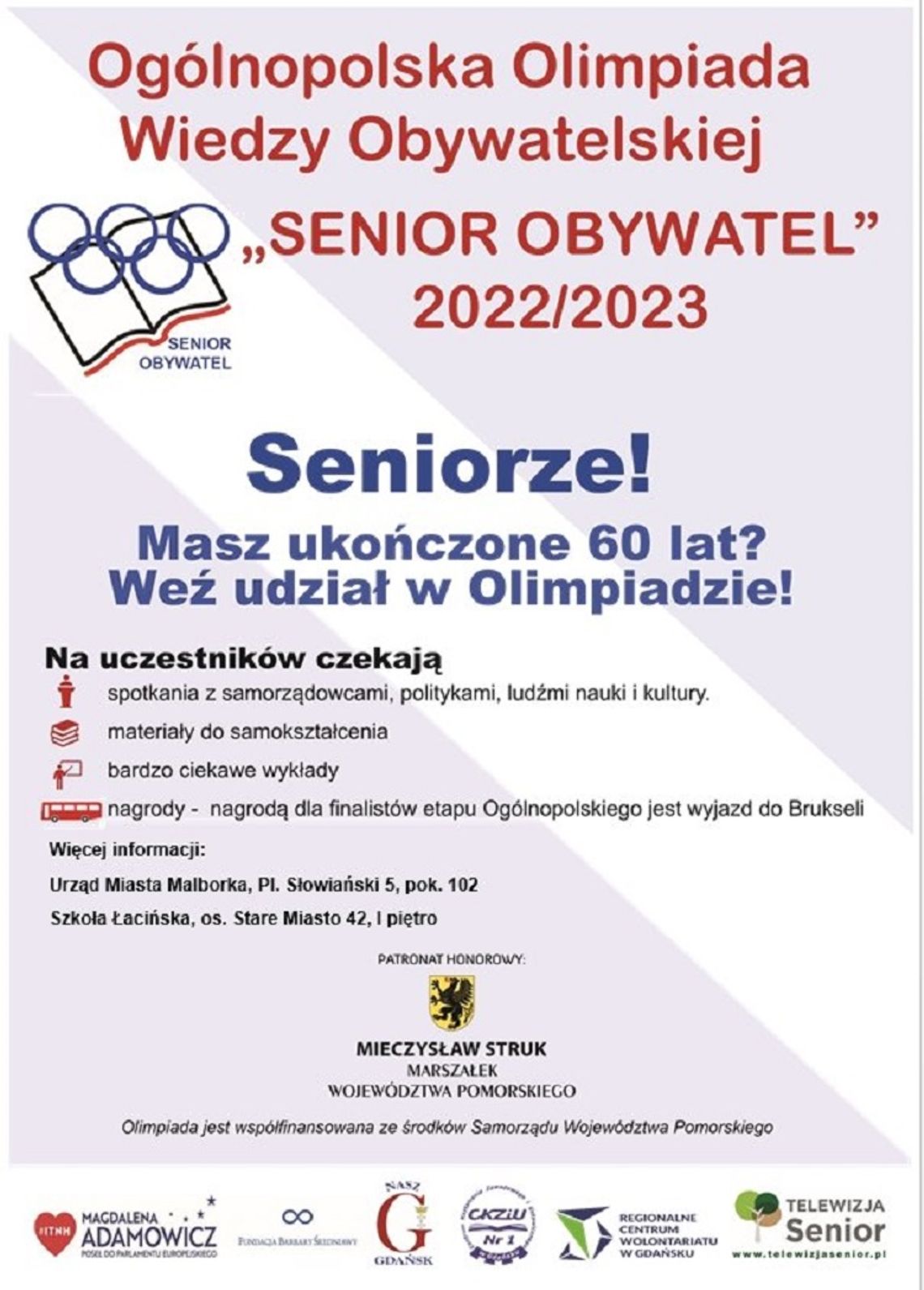 Malbork. IV Ogólnopolska Olimpiada Wiedzy Obywatelskiej „Senior – Obywatel” 2022/2023 - trwa nabór zgłoszeń.