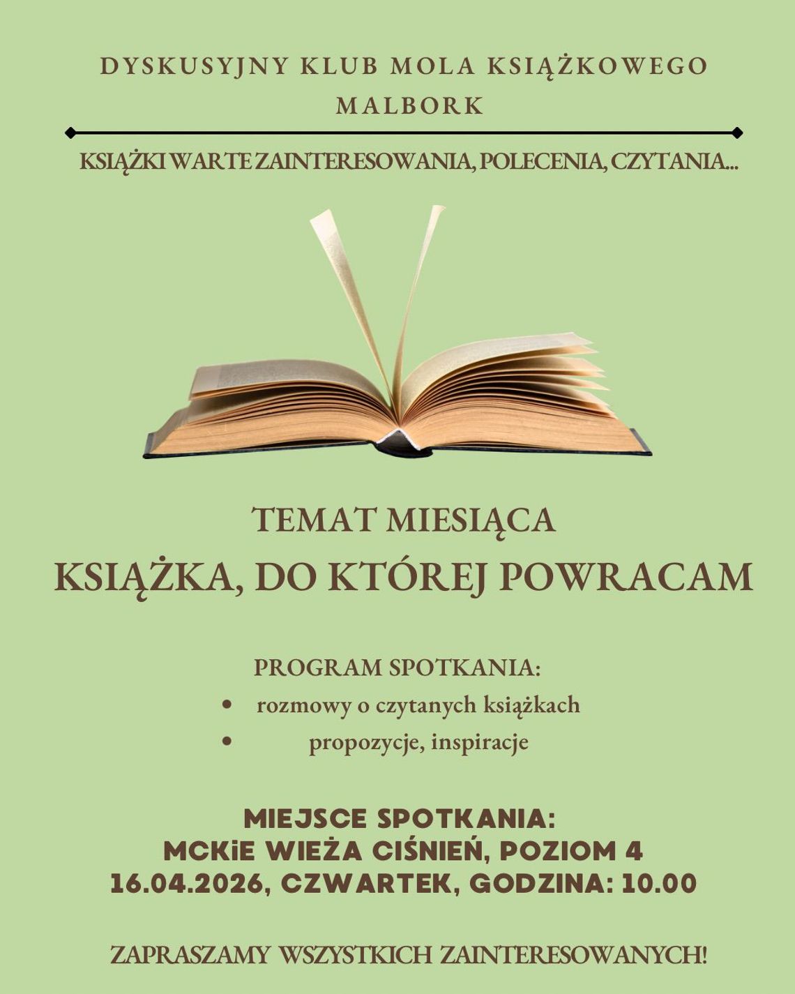 Malbork. „Książka, do której powracam”- tematem przewodnim kwietniowego spotkania Dyskusyjnego Klubu Mola Książkowego.