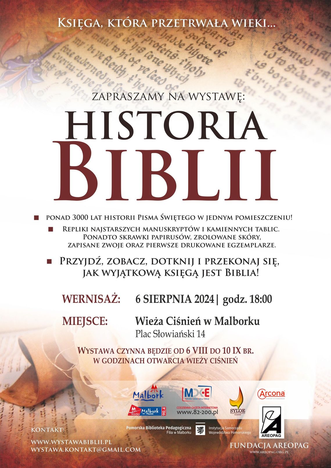 Malbork. "Księga, która przetrwała wieki - Historia Biblii" wernisaż wystawy w Wieży Ciśnień.