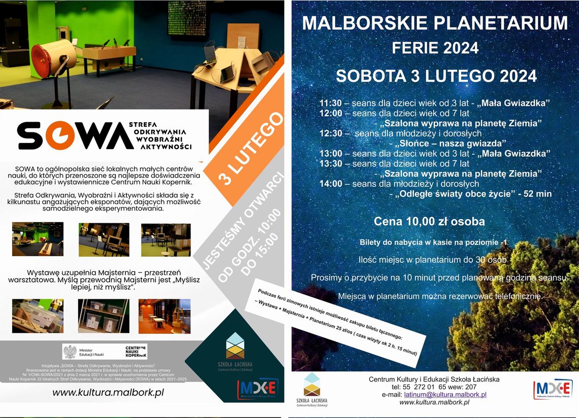 Malborska SOWA oraz Planetarium zapraszają w sobotę