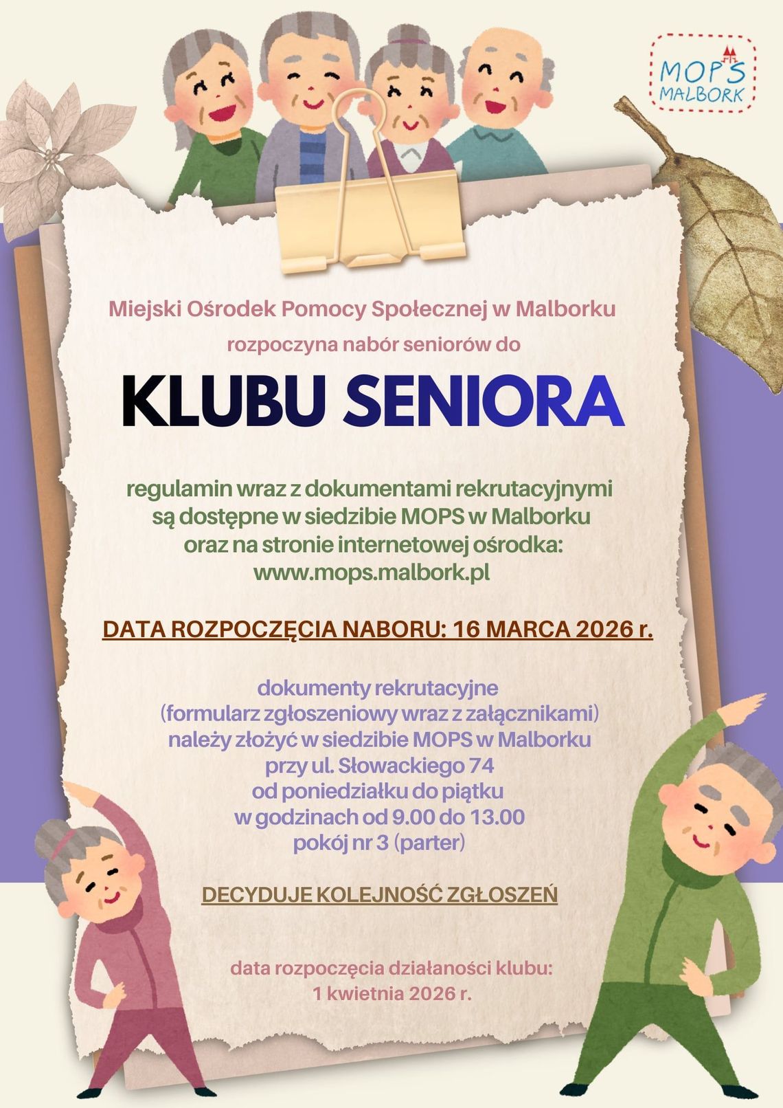 Nabór do Klubu Seniora w Malborku.