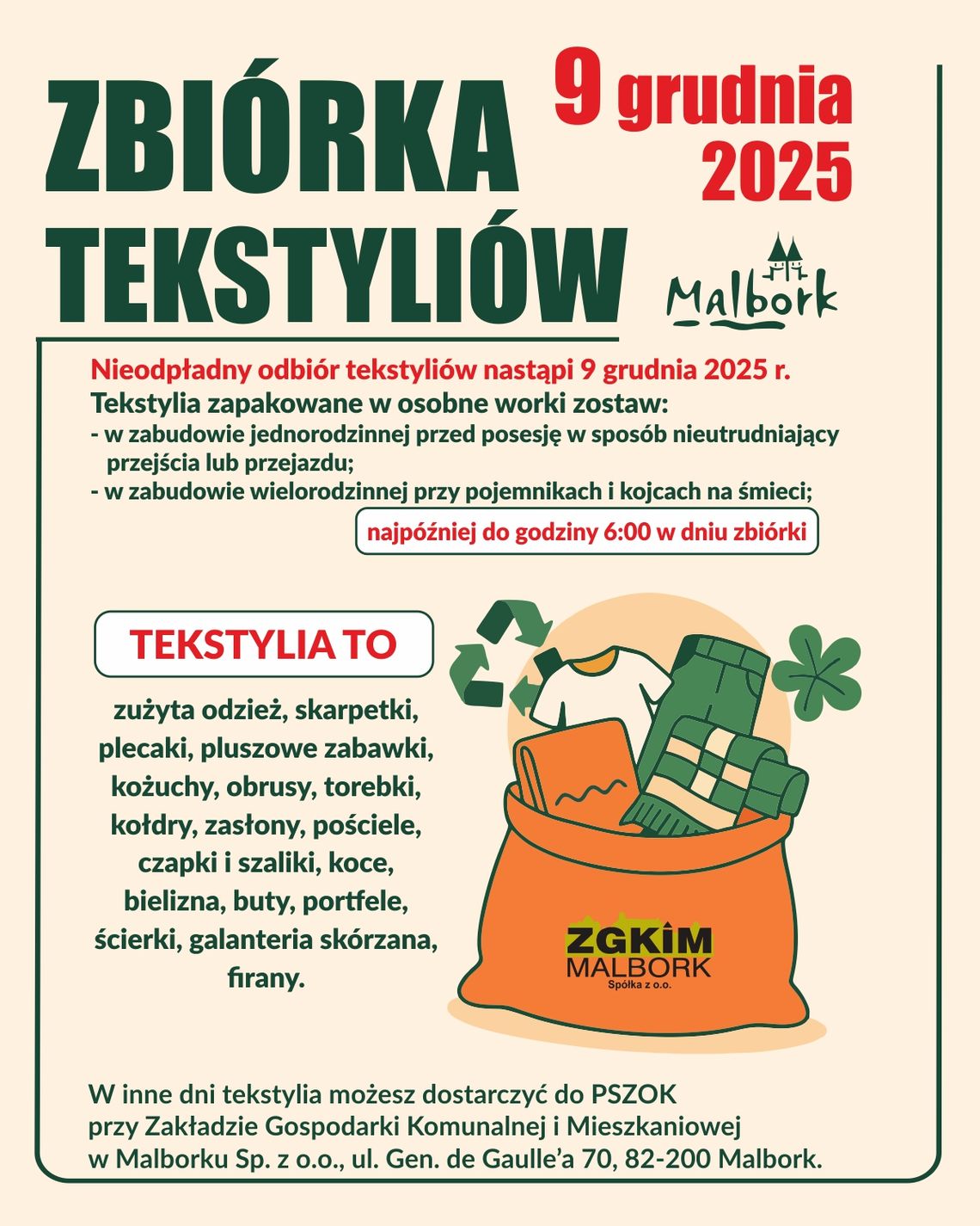 Nieodpłatna zbiórka tekstyliów w Malborku.