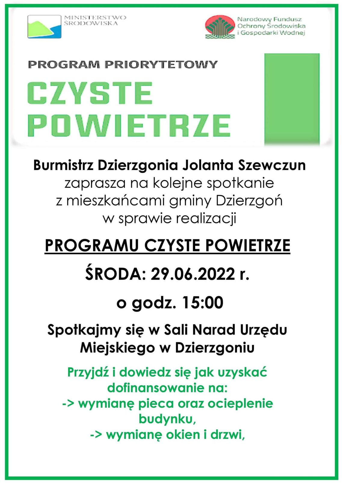 O programie "Czyste Powietrze" w Dzierzgoniu. Spotkanie dla mieszkańców.