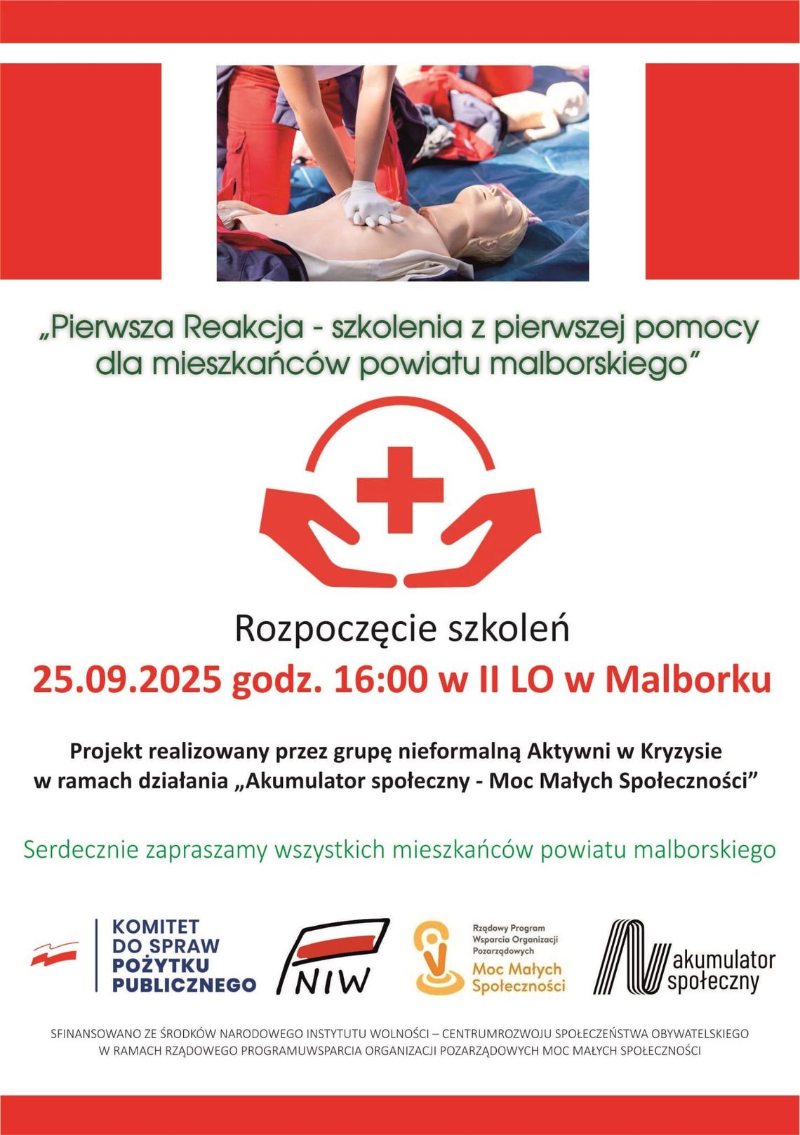 "Pierwsza Reakcja" – bezpłatne szkolenia z pierwszej pomocy dla mieszkańców powiatu malborskiego.