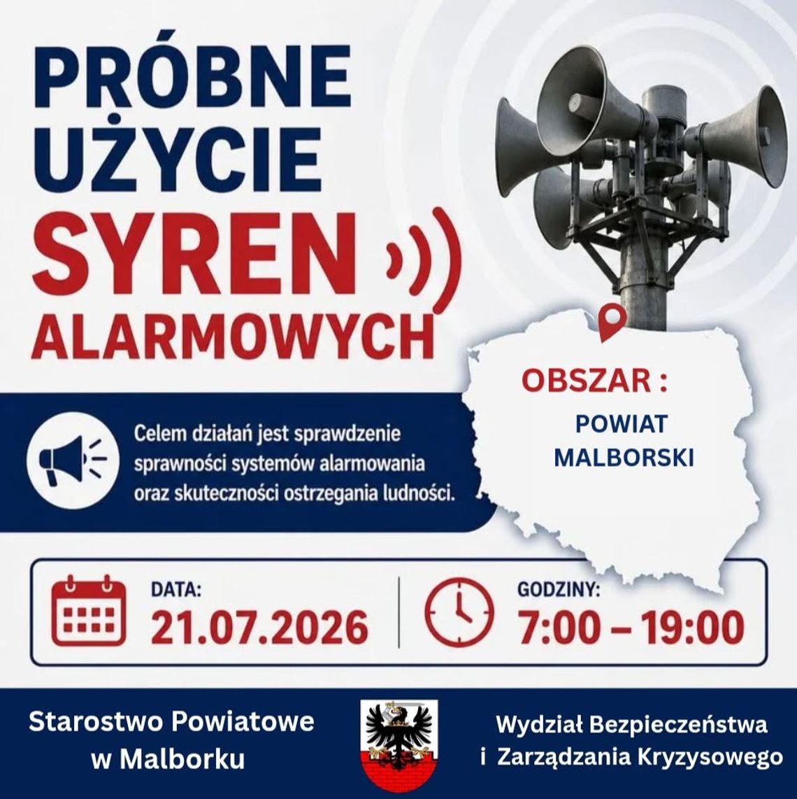 🎧Posłuchaj: Ćwiczenia systemu alarmowania w Powiecie Malborskim. Syreny zawyją 21 lipca. 🎧Posłuchaj: Ćwiczenia systemu alarmowania w Powiecie Malborskim. Syreny zawyją 21 lipca.