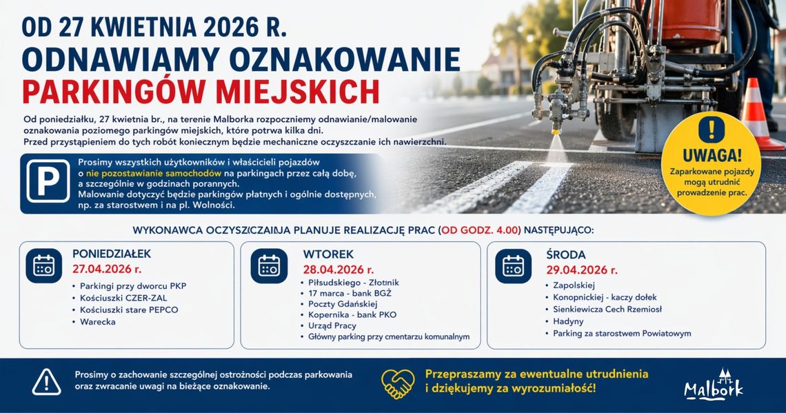 🎧Posłuchaj:  Malbork odświeża parkingi. Rusza malowanie oznakowania poziomego.