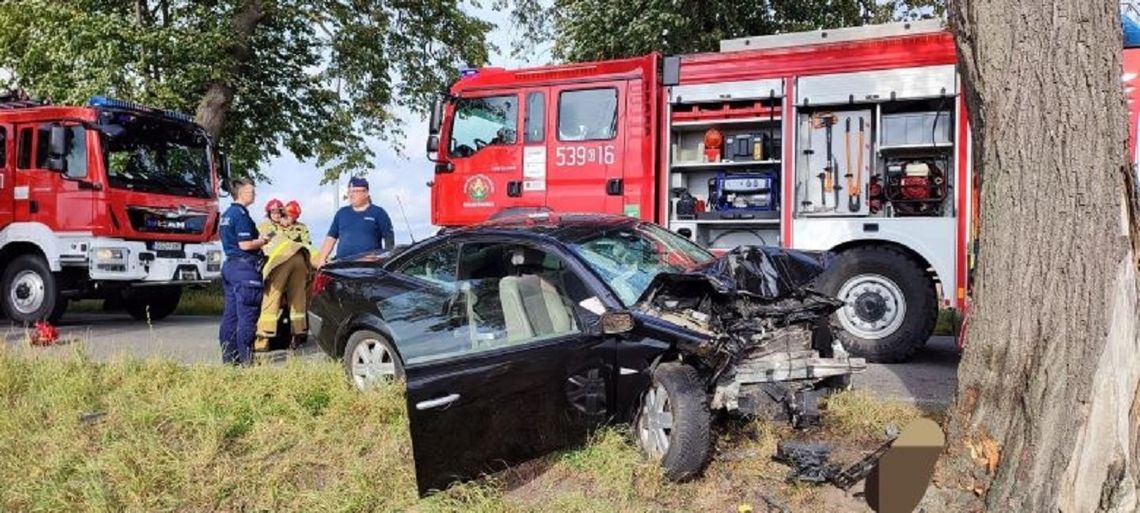 Powiat sztumski. Jedna osoba poszkodowana w wyniku zderzenia auta z drzewem.