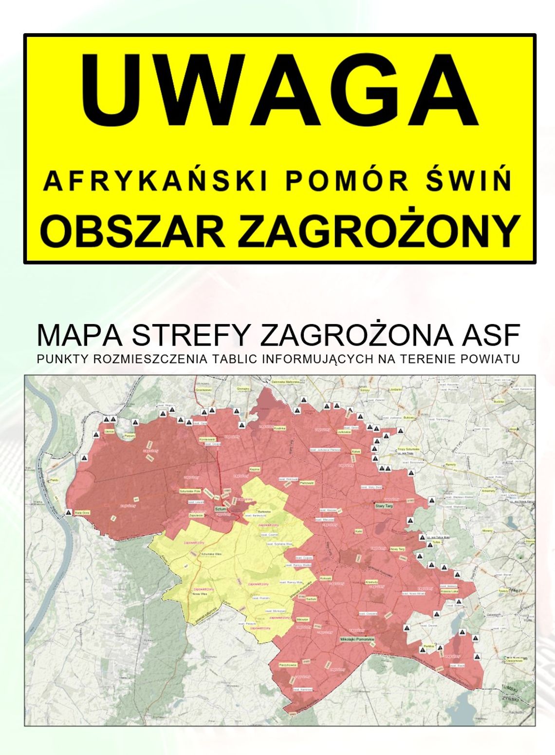 Strefa zapowietrzona i zagrożona ASF w powiecie sztumskim.