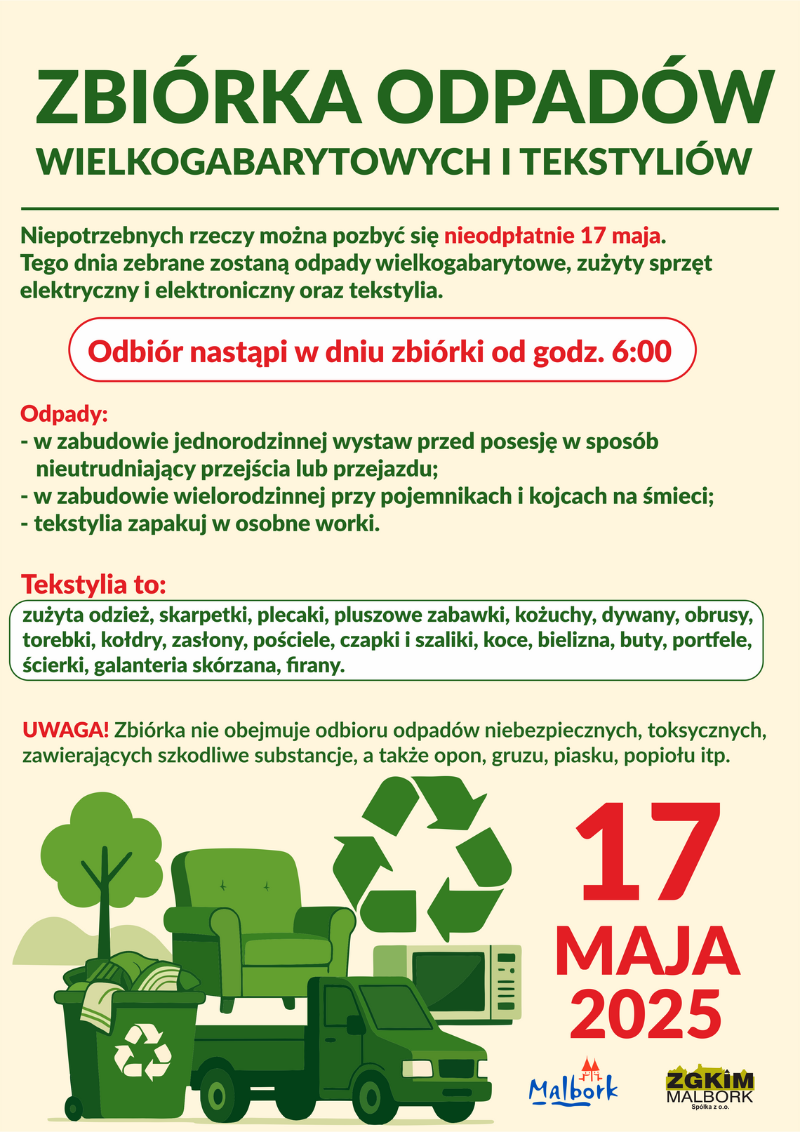 Zbiórka odpadów wielkogabarytowych i tekstyliów w Malborku.