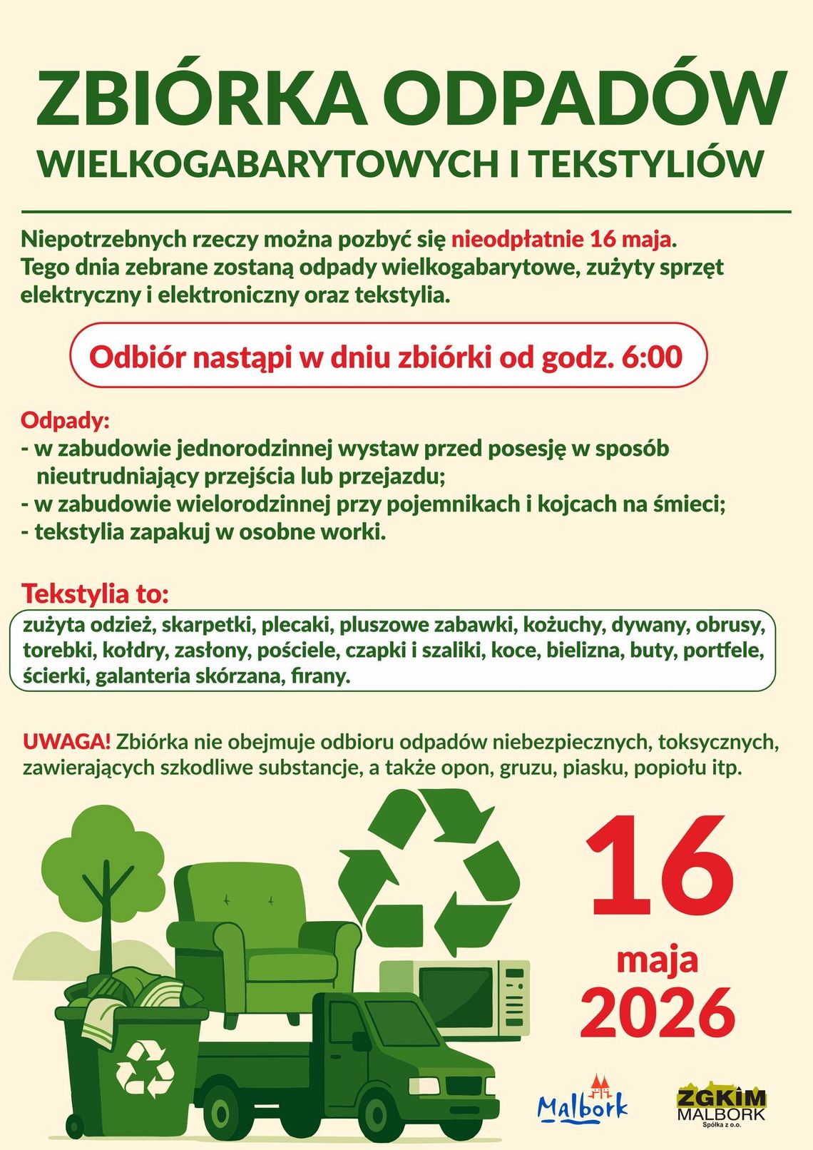 Zbiórka odpadów wielkogabarytowych i tekstyliów w Malborku.