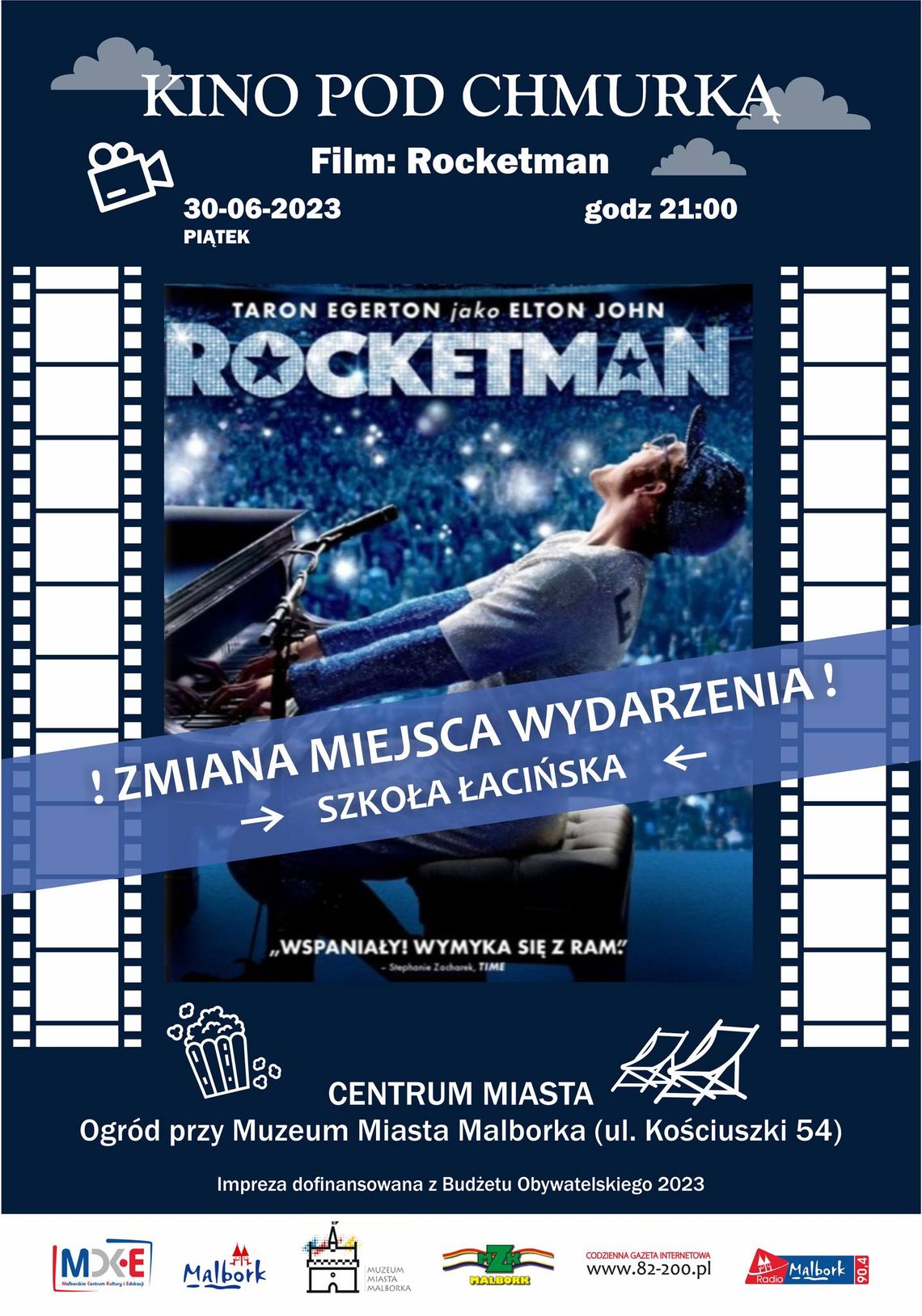 Zmiana lokalizacji seansu "Rocketman" w ramach plenerowego kina letniego w Malborku.