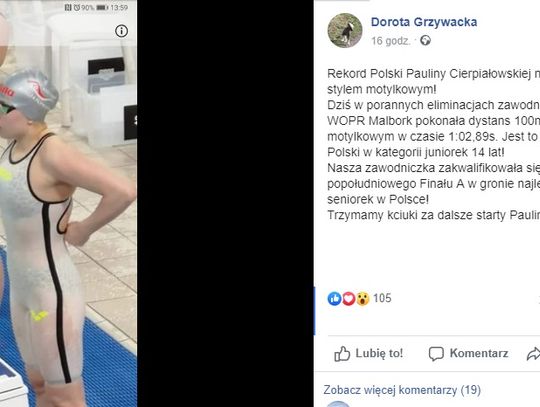 Informacją o nowym rekordzie Pauliny bardzo szybko podzieliła się w mediach społecznościowych jej trenerka - Dorota Grzywacka.
